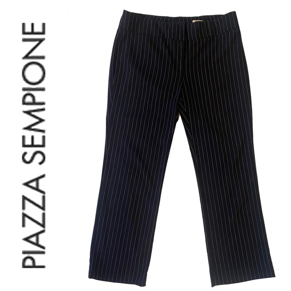 PIAZZA SEMPIONE wool blend high waist straight leg pinstripe pants in black - Picture 1 of 8